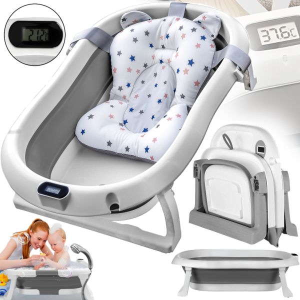Складна дитяча ванна для купання Smart Babyhood BH-334G розкладна ванночка для немовлят з LED термометром, подушкою і ручкою для душу Сіра