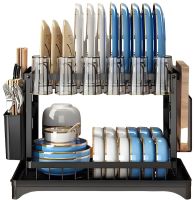 Двухуровневая настольная сушилка для посуды Dish Drying Rack с автоматическим сливным поддоном, стеллаж на 2 яруса для сушки и хранения Черная