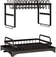 Двухуровневая настольная сушилка для посуды Dish Drying Rack с автоматическим сливным поддоном, стеллаж на 2 яруса для сушки и хранения Черная