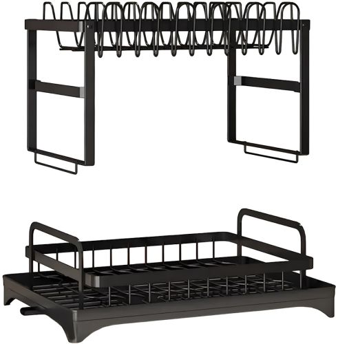 Двухуровневая настольная сушилка для посуды Dish Drying Rack с автоматическим сливным поддоном, стеллаж на 2 яруса для сушки и хранения Черная