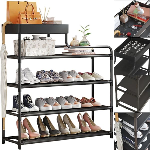 Обувниця з полицею для аксесуарів Araqel Shoe Rack стелаж органайзер для зберігання взуття 60х21х78 см металева стійка на 5 полиць в передпокій Чорна