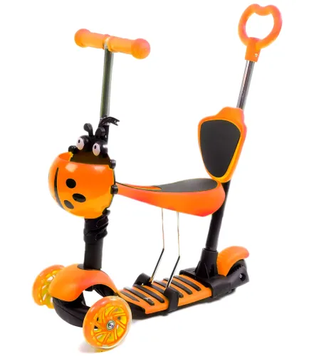 Триколісний дитячий самокат біговел Scooter FYS-2864 Orange 5 в 1 зі складним сидінням, батьківською ручкою і колесами, що світяться Помаранчевий