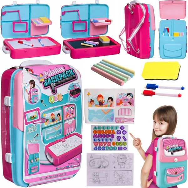 Навчальний набір для малювання Painting Backpack 628 - 113a 3 в 1 дошка для творчості в рюкзаку, розвиваючий дитячий комплект юного художника Рожевий