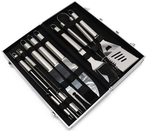 Набор для мангала в кейсе BBQ Tools Set AL-10 10 в 1 43х21х8 см шашлычный комплект из нержавеющей стали для гриля и барбекю в алюминиевом чемодане