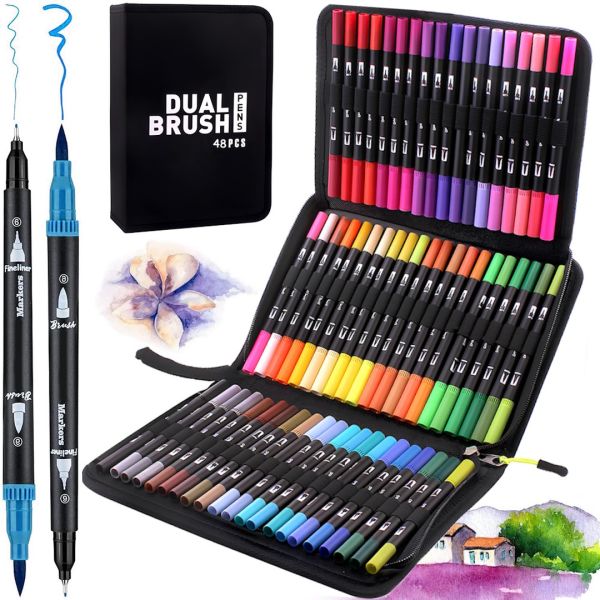Набір акварельних маркерів-лінерів для малювання Dual Brush 48 шт комплект двосторонніх скетч маркерів кистей на водній основі в пеналі 48 кольорів 