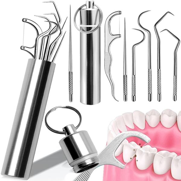 Набір для чищення зубів Dental Toothpick Set 7 в 1 портативний комплект інструментів зубочисток для догляду за порожниною рота в металевому футлярі