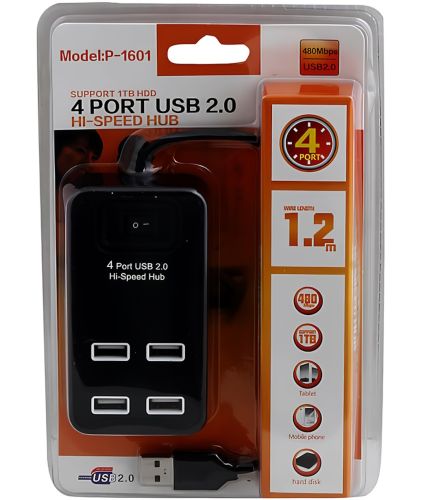 Розгалужувач Hi-Speed Hub 4 Port USB 2.0 P-1601 хаб концентратор із вимикачем на 4 юсб порти до 480 Мбіт/с для комп'ютера і ноутбука Чорний