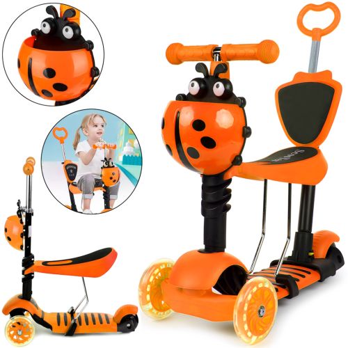 Триколісний дитячий самокат біговел Scooter FYS-2864 Orange 5 в 1 зі складним сидінням, батьківською ручкою і колесами, що світяться Помаранчевий