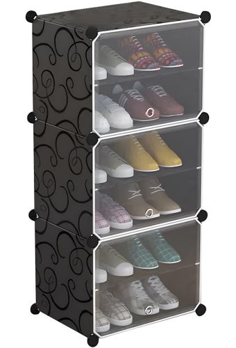 Складаний шафа органайзер для взуття Storage Cube Cabinet D1 - 3 42х32х95см Пластикова тумба з дверцятами на 3 секції і 6 поличок для одягу Чорна