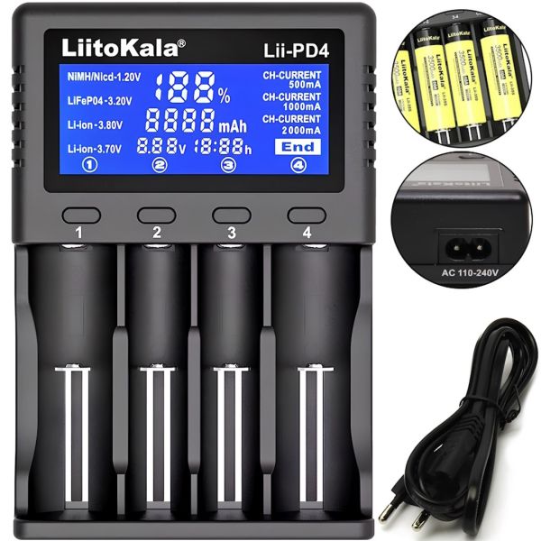 Зарядний пристрій для акумуляторів LiitoKala Lii-PD4 універсальна зарядка c LCD дисплеєм індикатором для батарейок 18650 на 4 акумулятори