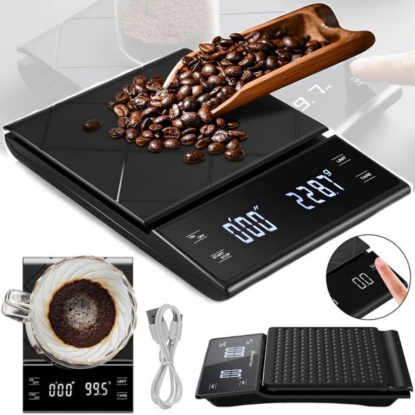 Кухонні сенсорні ваги Coffee Scale EK6012 до 5 кг, акумуляторні ваги для зважування кави з LED-дисплеєм, таймером і плоскою платформою 4058