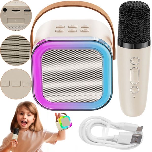 Дитячий бездротовий караоке Speaker K12 Bluetooth 2 в 1 Світлодіодна портативна колонка з мікрофоном, RGB підсвічуванням і Wi-Fi на акумуляторі Бежева