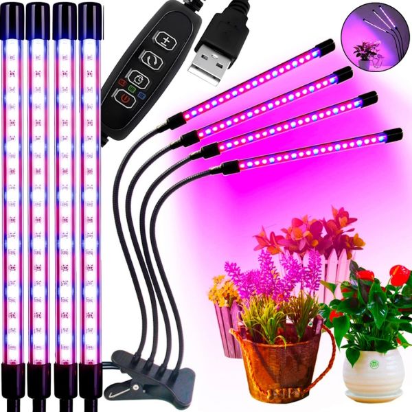 Світлодіодна гнучка фітолампи Grow Light на 4 гілки для вирощування кімнатних рослин, світильник на 4 лампи росту розсади повний спектр USB з таймером