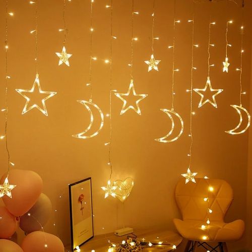 Внутренняя гирлянда штора Луна Звезды Star Moon Style теплый белый 2.5Х1 м 138 LED диодов WW, светодиодная гирлянда-занавес на окно 2.5мх1м 220V