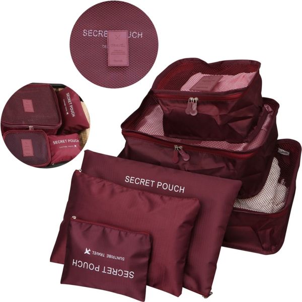 Набір дорожніх сумок органайзерів Secret Pouch 6 штук Бордові, чохли мішки для зберігання одягу у валізі, водонепроникні для подорожей laundry