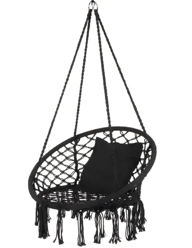 Підвісне крісло-гойдалка Outtec Boho XXL O-66487 120x80x60 см плетена садова гойдалка, бразильський гамак для дому та тераси до 150 кг Чорний