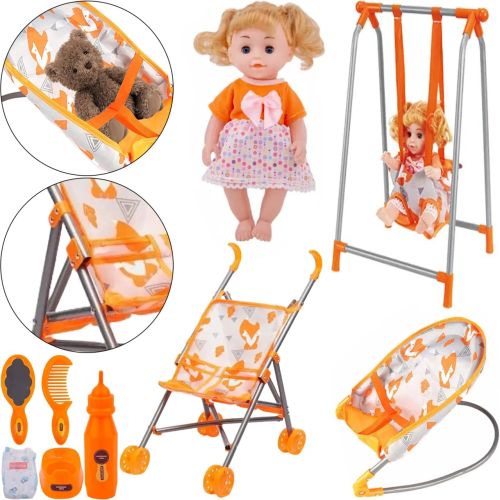 Дитячий набір Baby Play House CS0848-7A Лисички гойдалки шезлонг гойдалка коляска і лялька, Комплект з лялькою і аксесуарами для ляльки та іграшок