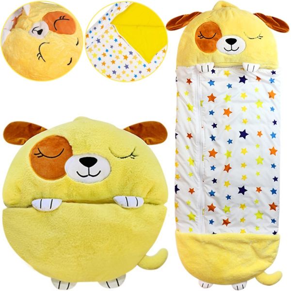 Спальный мешок с подушкой для детей Happy Nappers Собачка 3 в 1 детский спальник 130Х50 см кокон трансформер, подушка игрушка на молнии желтый