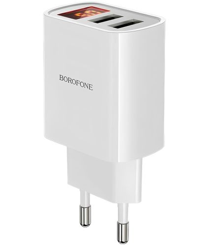 Мережевий зарядний пристрій Borofone BA58A Mighty 2 USB 2.4A 12W адаптер живлення на 2 порти з LED дисплеєм, блок для зарядки телефону 12В Білий