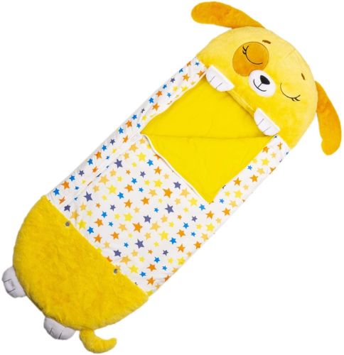 Спальний мішок з подушкою для дітей Happy Nappers Собачка 3 в 1 дитячий спальник 130х50 см кокон трансформер, подушка іграшка на блискавці жовтий