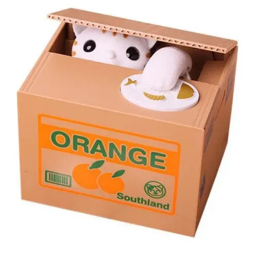 Дитяча інтерактивна скарбничка хитрий котик Mischief Saving Box на батарейках Скарбничка-сейф для грошей кіт злодюжка в коробці забирає монетку лапою