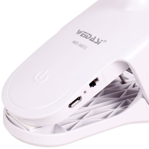 Настільна акумуляторна LED лампа WD-6651 на прищіпці, Світлодіодна USB лампа ліхтар на гнучкій ніжці із затискачем прищіпкою на акумуляторі Біла