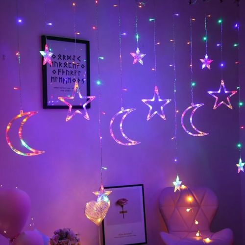 Внутрішня кольорова гірлянда завісу Місяць Зірки Star Moon Style 2.5х1 м 138 LED діодів M, Світлодіодна RGB гірлянда-завісу на вікно 2. 5мх1м 220V