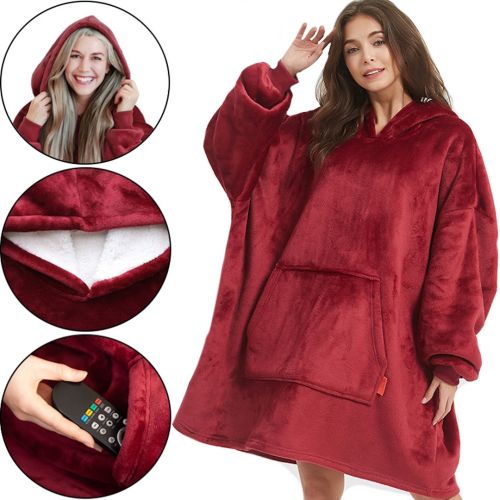 Толстовка-плед с капюшоном Huggle Hoodie Ultra Plush Blanket бордовая 2в1 унисекс оверсайз худи плюшевый плед с рукавами на флисе 74Х110 см Красная