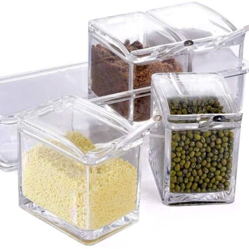Набір ємностей для зберігання спецій і приправ Crystal Seasoning Box на 4 відсіки, акриловий органайзер, баночки для сипучих продуктів з підставкою
