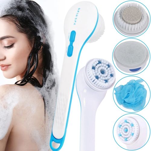Масажна щітка Spin Spa 5 в 1 для вмивання і чищення обличчя і тіла, електричний масажер для душу, ванни, щітка-масажер зі змінними насадками Білий