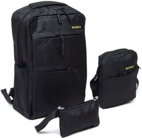 Міський набір сумок 3 в 1 Backpack 9018 рюкзак для ноутбука 15", сумка через плече і гаманець на блискавці з USB портом для навушників 42х33 см Чорний