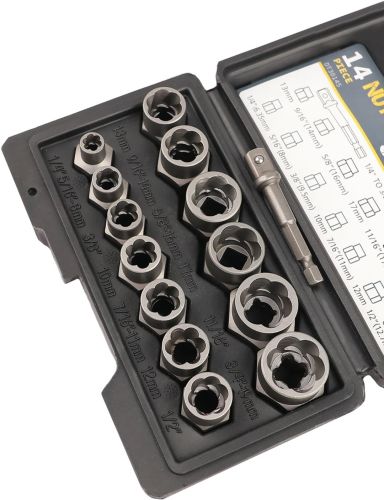 Набір екстракторів Nut Extractor ES - 14 комплект інструментів для видалення і вилучення ударних пошкоджених болтів, гайок і гвинтів в кейсі 14 штук