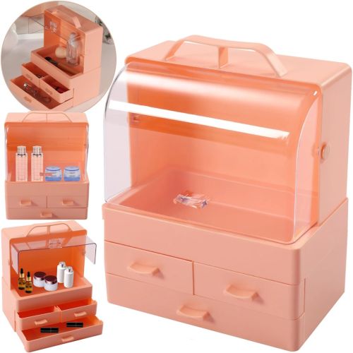 Настільний органайзер для зберігання косметики Cosmetic Storage Box GW-880 косметична поличка 4 секції з висувними ящиками і ручкою рожева