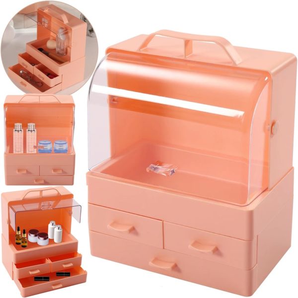 Настільний органайзер для зберігання косметики Cosmetic Storage Box GW-880 косметична поличка 4 секції з висувними ящиками і ручкою рожева