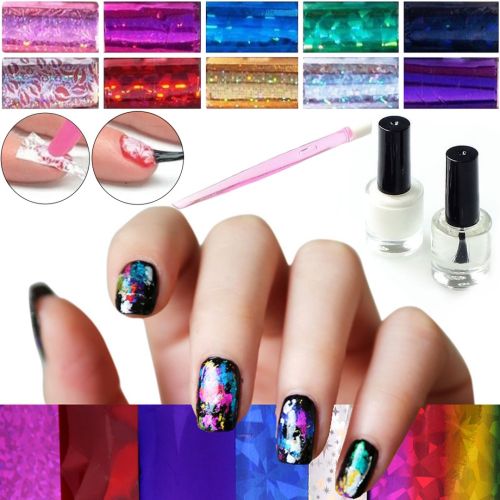 Набір для манікюру і педикюру Fab Foils 13 в 1 комплект перекладної фольги 10 рулонів, Декоративні Слайдери з лаком для дизайну і декору нігтів