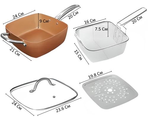 Універсальна сковорода Copper Cook Deep Square Pan Ampowar 24 см з фритюром і пароваркою з кришкою, антипригарна сковорідка фритюрниця з друшляком