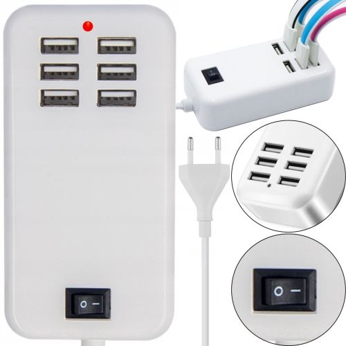 Сетевое зарядное устройство USB Desktop Charger 20W на 6 портов с выключателем, Зарядка адаптер для зарядки телефонов на 6 разъемов от сети Белый