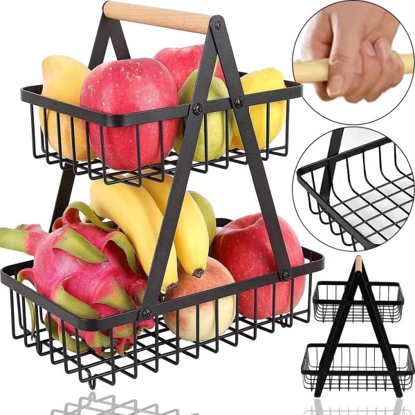 Металева двоярусна корзина підставка Fruit Storage Rack Z12-B21 для зберігання фруктів і овочів, настільна етажерка Фруктовниця на 2 яруси