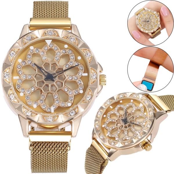 Жіночий наручний годинник Flower Diamond Rotation Watch Gold WJ-8052 з обертовим роторним циферблатом і ремінцем на магнітній застібці Золото