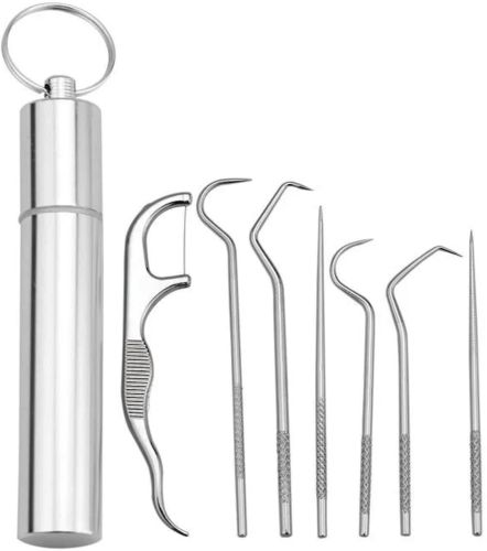 Набор для чистки зубов Dental Toothpick Set 7 в 1 портативный комплект инструментов зубочисток для ухода за полостью рта в металлическом футляре