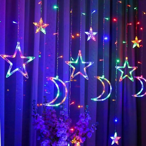 Внутрішня кольорова гірлянда завісу Місяць Зірки Star Moon Style 2.5х1 м 138 LED діодів M, Світлодіодна RGB гірлянда-завісу на вікно 2. 5мх1м 220V