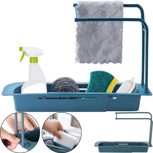 Раздвижная полка органайзер для раковины Sink rack AD-1792 для губки и тряпок, Телескопическая полочка сушилка полотенца на мойку LY-567 Темно-синяя