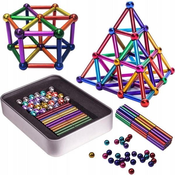 Кольоровий магнітний конструктор Buckyballs Buckybars Neo Mix Color 64 деталей, головоломка антистрес, 36 шт. магнітні палички і 28 шт. кульки Бакібарс