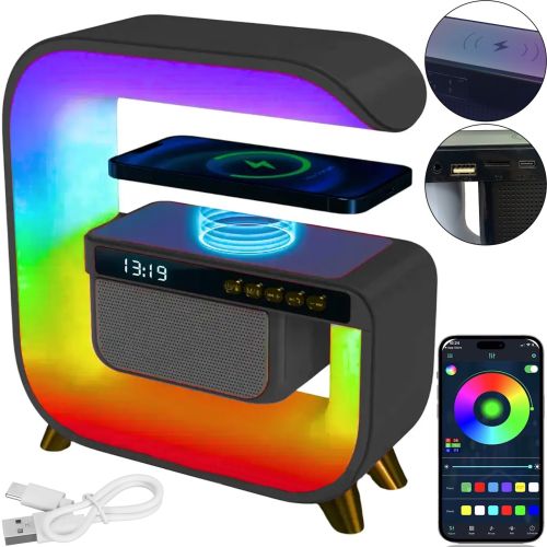 Настольная смарт лампа ночник RGB XM-G3 аккумуляторный с беспроводной зарядкой 15W и Bluetooth колонкой, Блютуз колонка G3 с подсветкой Черная