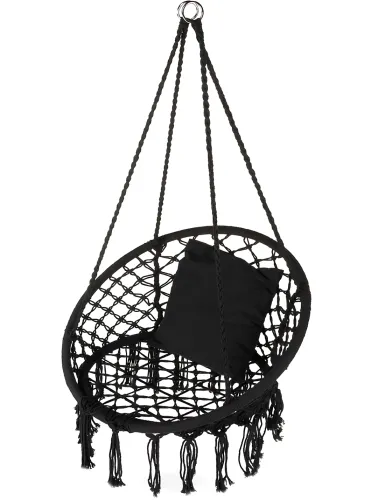 Підвісне крісло-гойдалка Outtec Boho XXL O-66487 120x80x60 см плетена садова гойдалка, бразильський гамак для дому та тераси до 150 кг Чорний