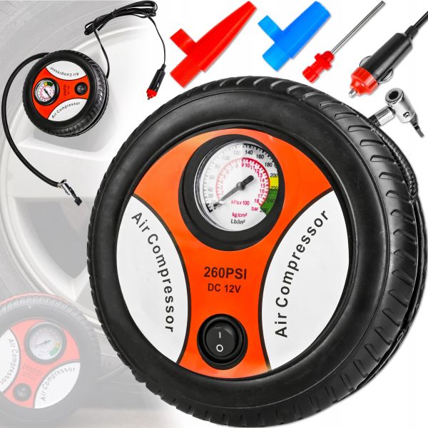 Автомобільний компресор у формі колеса Air Compressor H0248 260PSI 12V автокомпресор, насос з манометром для контролю тиску в шинах, коліс авто