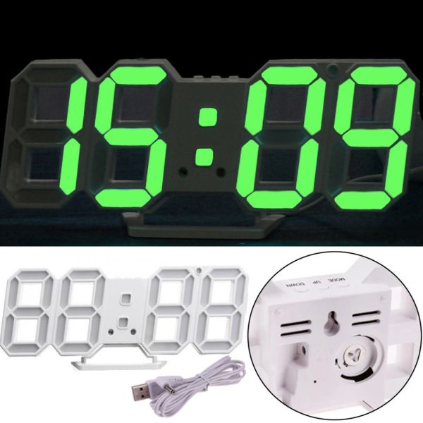 Електронні настільні 3D годинник із зеленою LED підсвічуванням Generic LY - 1089 світлодіодні цифрові настінні годинники з будильником і датою білі