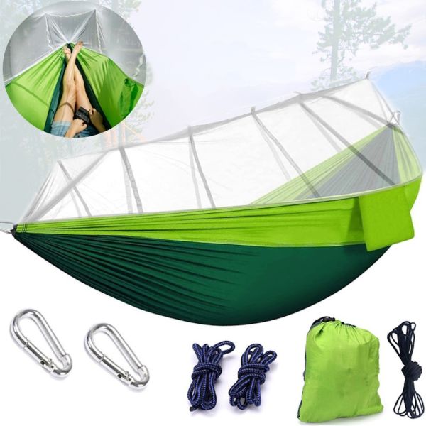 Підвісний туристичний нейлоновий гамак Hammock With Net Green до 200 кг з москітною сіткою для кемпінгу, Похідний гамак 263х135 Зелений